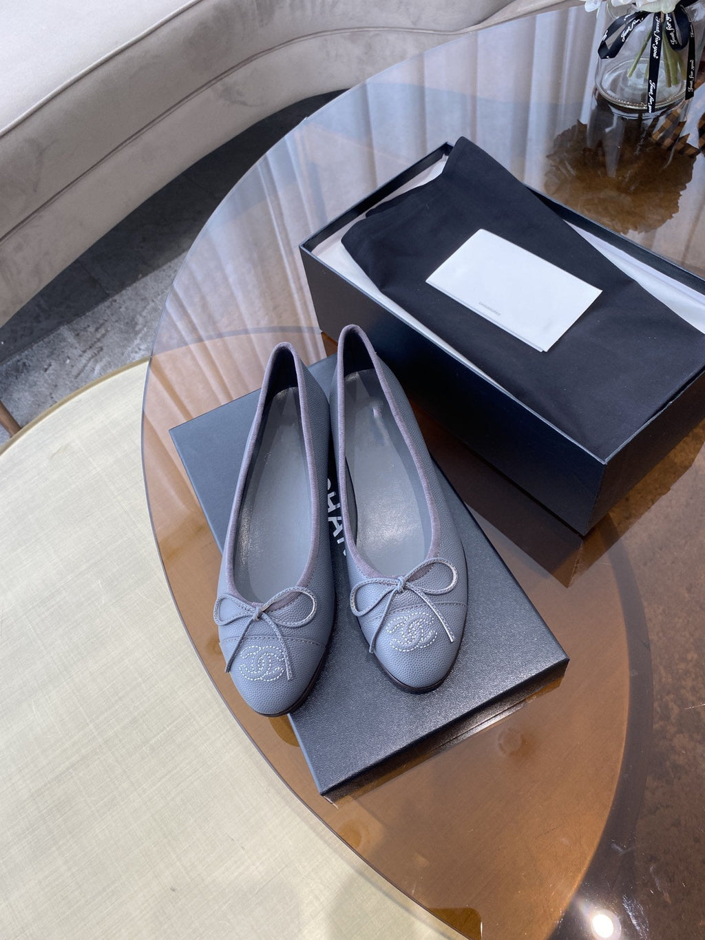 CHANEL BALLET FLATS GREY GRAINED CALFSKIN