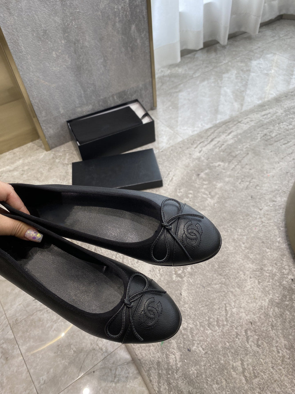 CHANEL BALLET FLATS BLACK GRAINED CALFSKIN
