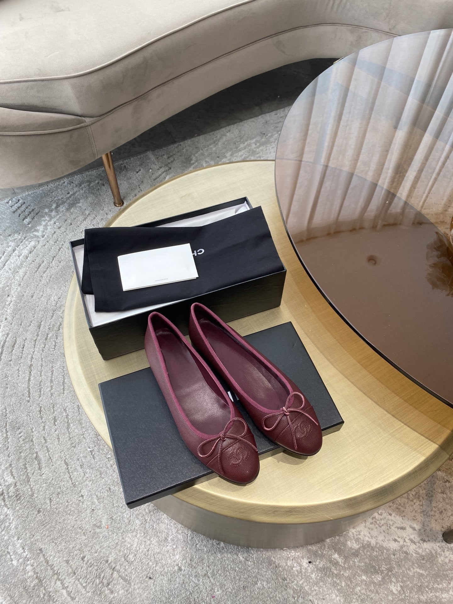 CHANEL BALLET FLATS BURGUNDY GRAINED CALFSKIN