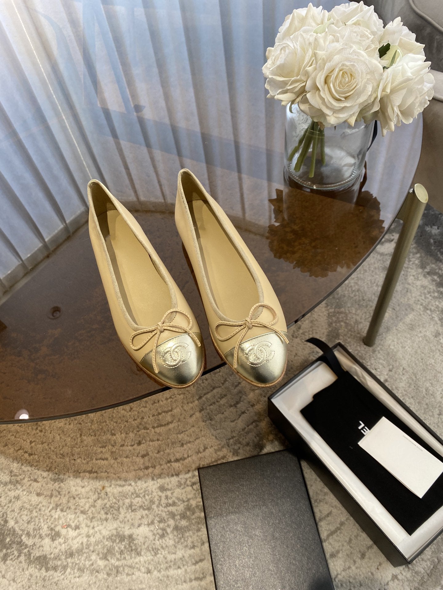 CHANEL BALLET FLATS BEIGE SILVER LAMBSKIN CANVAS