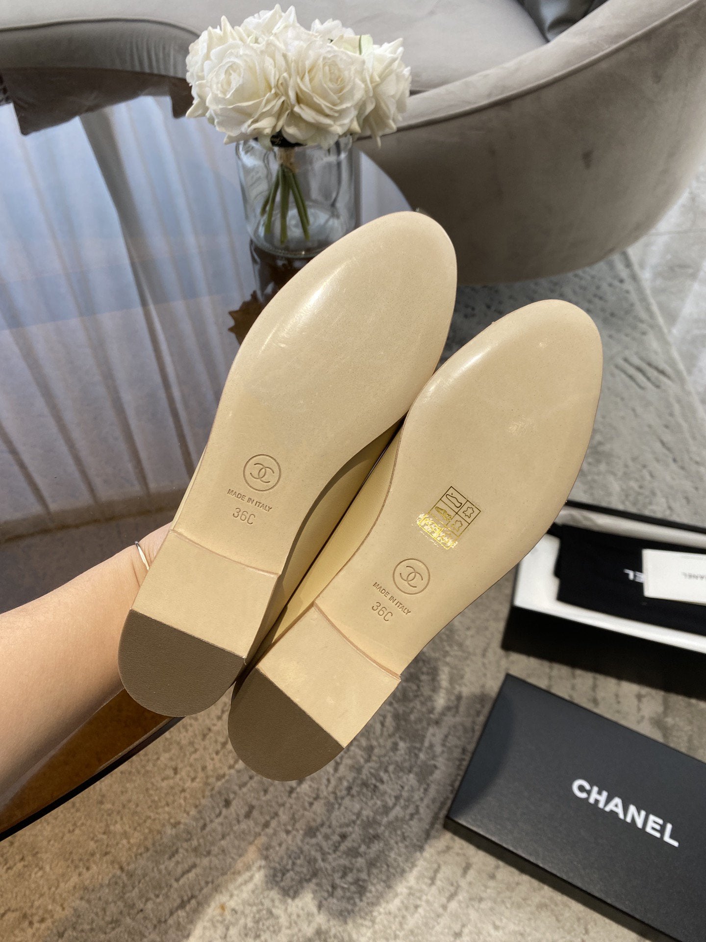 CHANEL BALLET FLATS BEIGE SILVER LAMBSKIN CANVAS