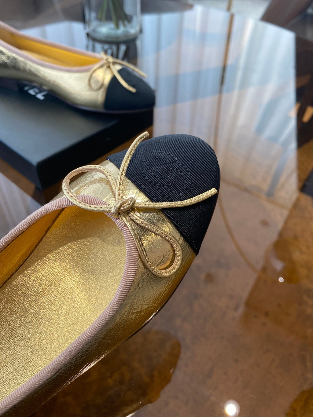 CHANEL BALLET FLATS GOLD BLACK LAMBSKIN CANVAS