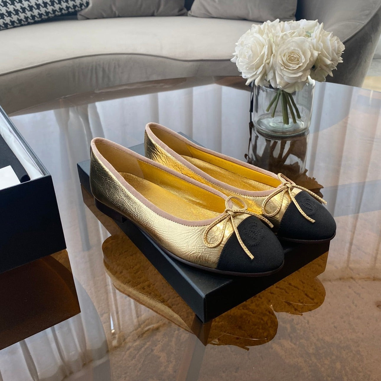 CHANEL BALLET FLATS GOLD BLACK LAMBSKIN CANVAS