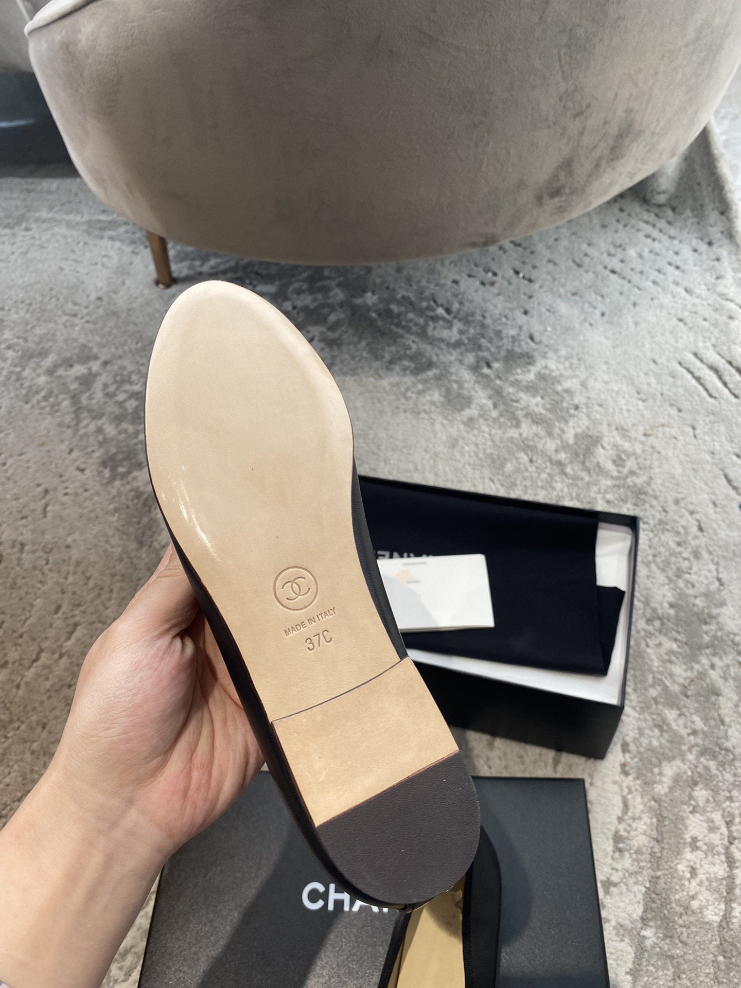 CHANEL BALLET FLATS BLACK LIGHT GOLD LAMBSKIN