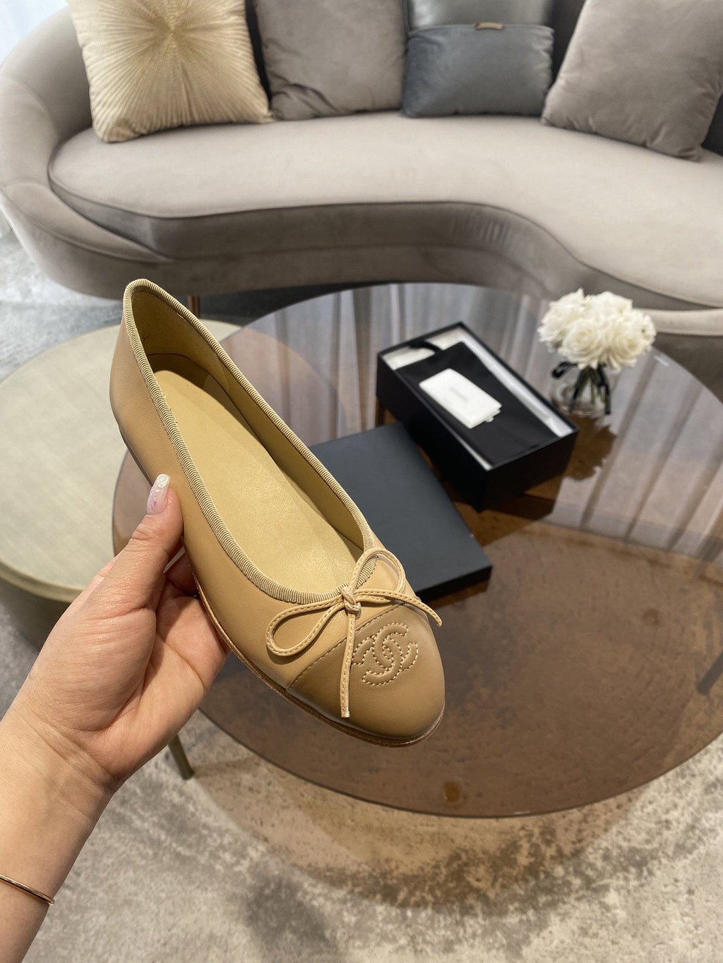 CHANEL BALLET FLATS BEIGE BROWN LAMBSKIN