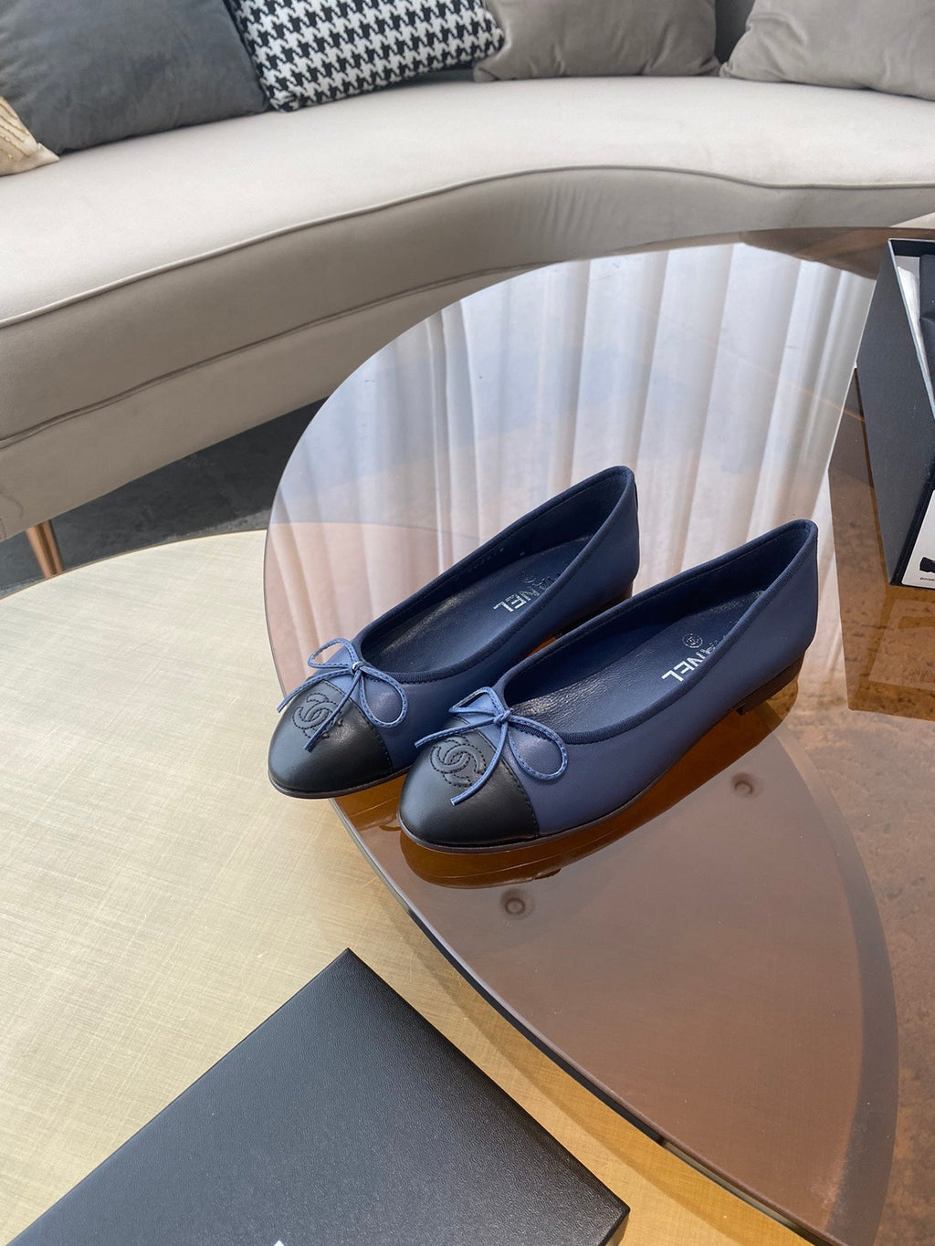 CHANEL BALLET FLATS DARK BLUE BLACK LAMBSKIN