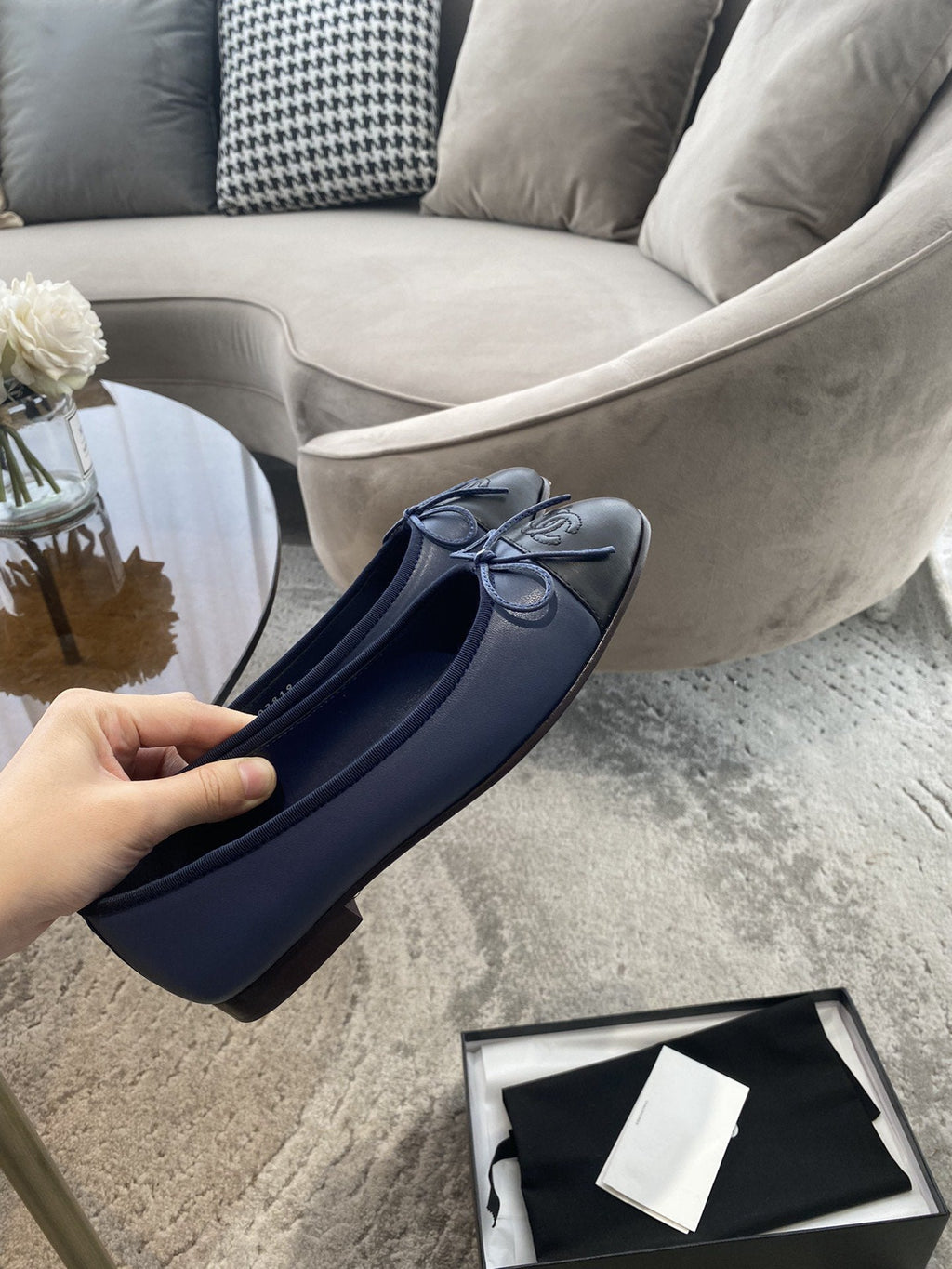 CHANEL BALLET FLATS DARK BLUE BLACK LAMBSKIN