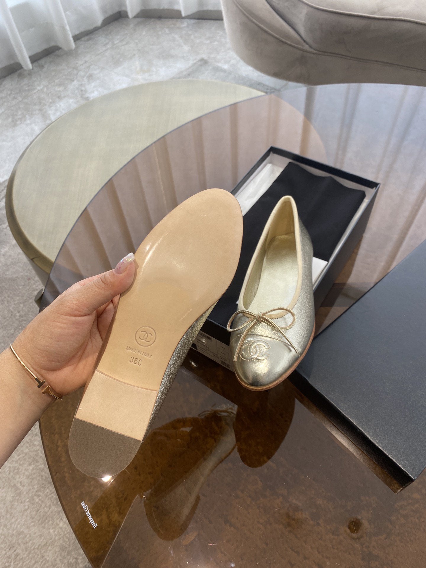 CHANEL BALLET FLATS LIGHT GOLD LAMBSKIN