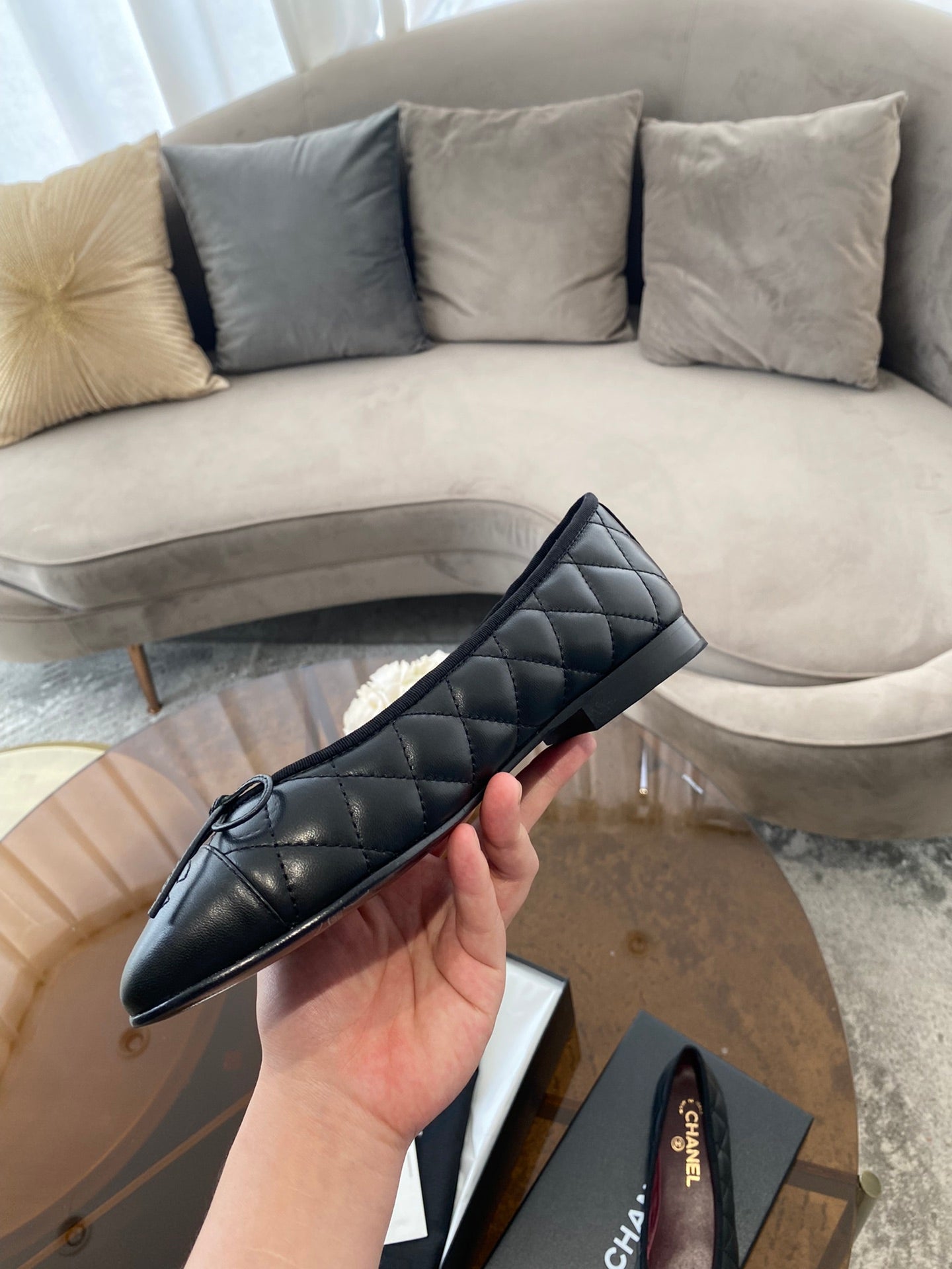 CHANEL BALLET FLATS BLACK QUILTED LAMBSKIN
