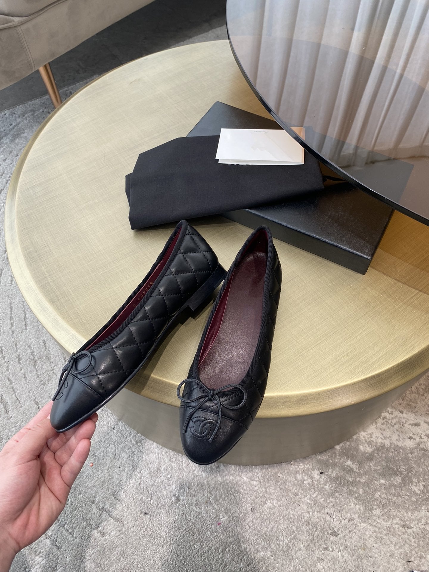 CHANEL BALLET FLATS BLACK QUILTED LAMBSKIN