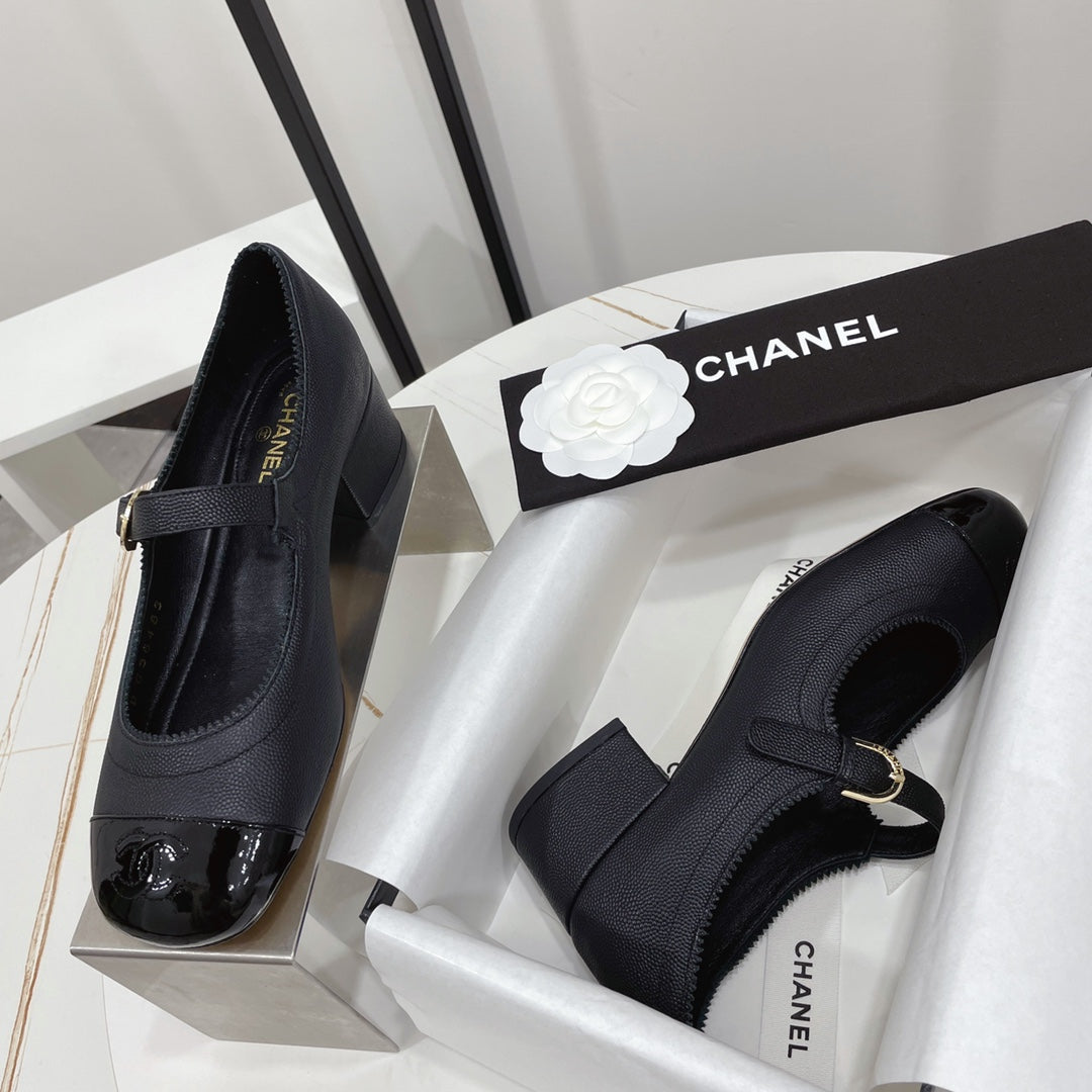 CHANEL MARY JANE BLOCK HEEL BLACK SHEEPSKIN