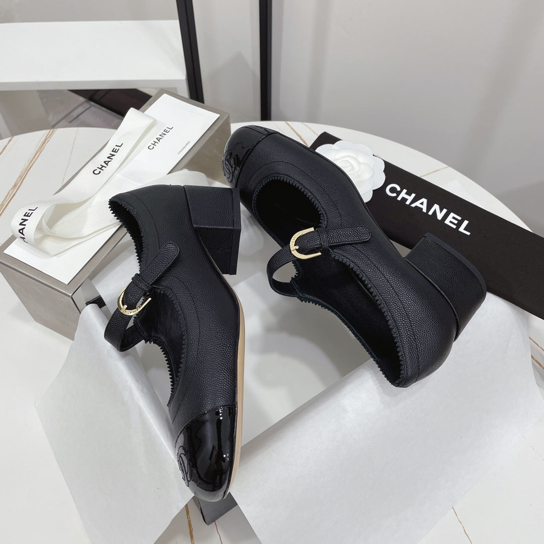 CHANEL MARY JANE BLOCK HEEL BLACK SHEEPSKIN