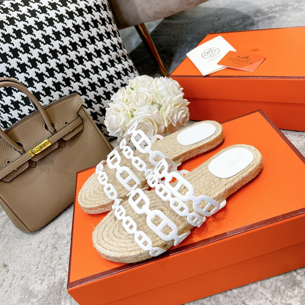 HERMES STRAW SOLE SLIPPERS WHITE LAMBSKIN