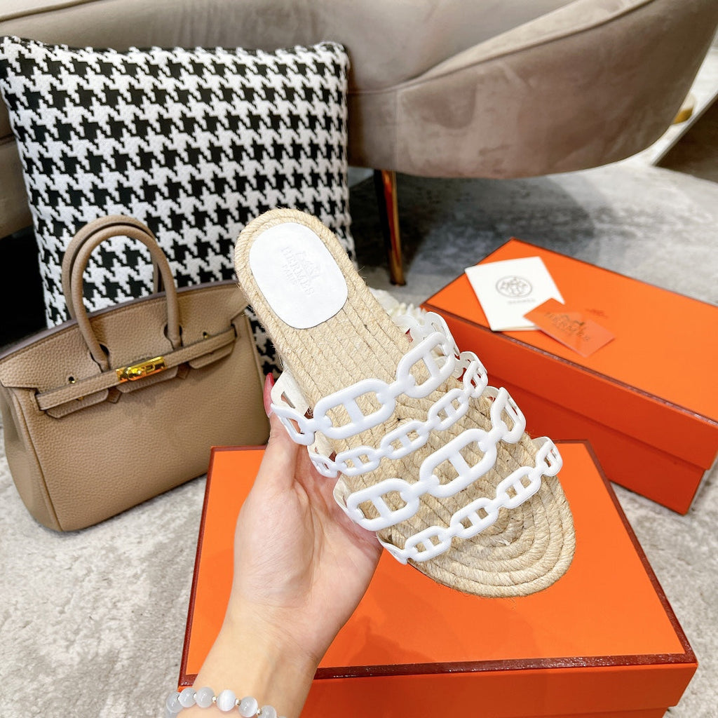 HERMES STRAW SOLE SLIPPERS WHITE LAMBSKIN