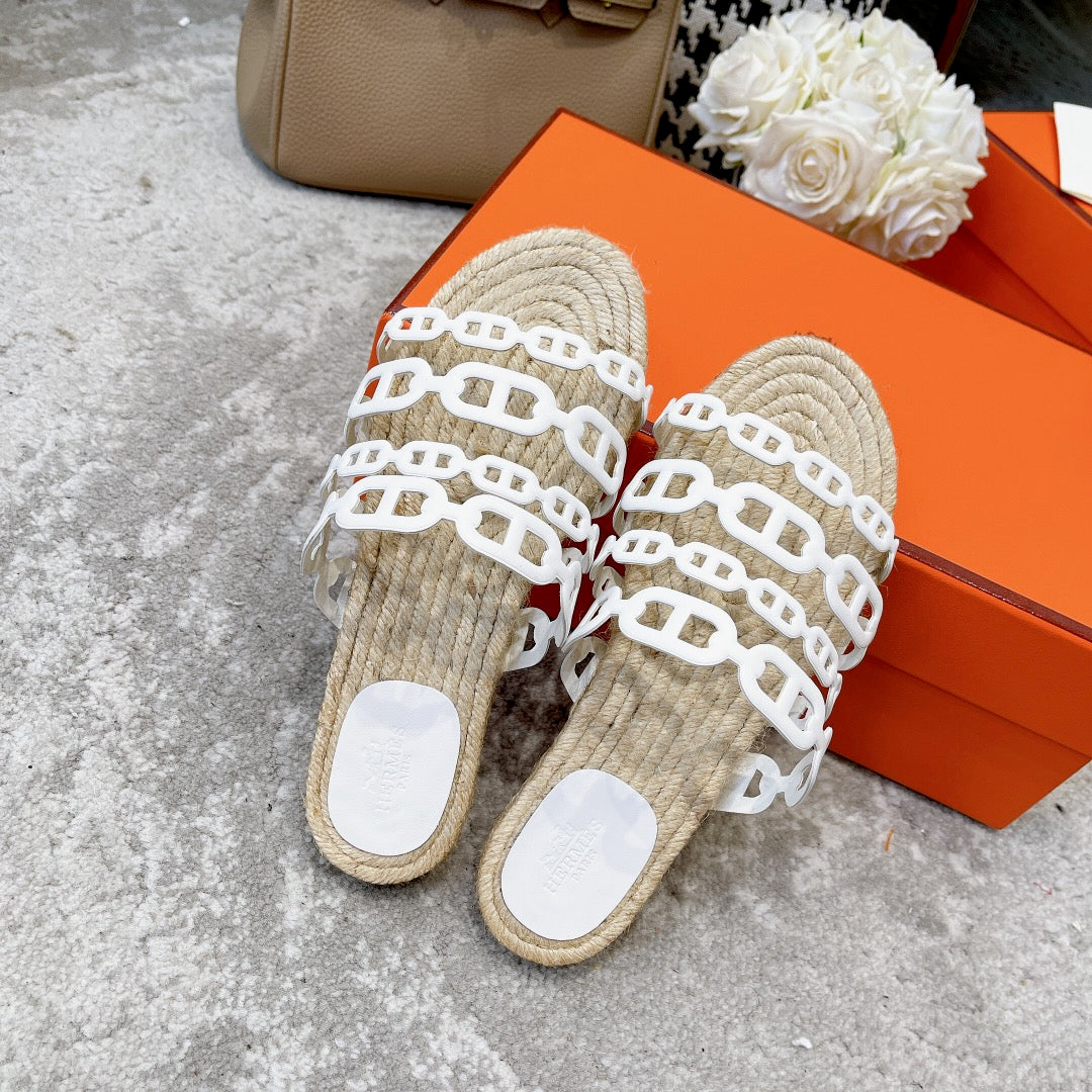 HERMES STRAW SOLE SLIPPERS WHITE LAMBSKIN