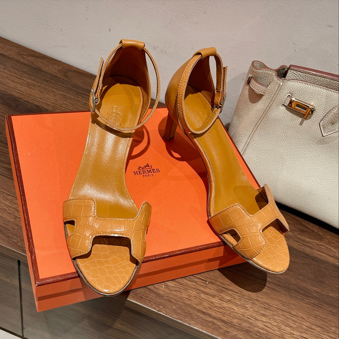 HERMES PREMIERE 70 SANDAL IN PEANUT BROWN CALFSKIN