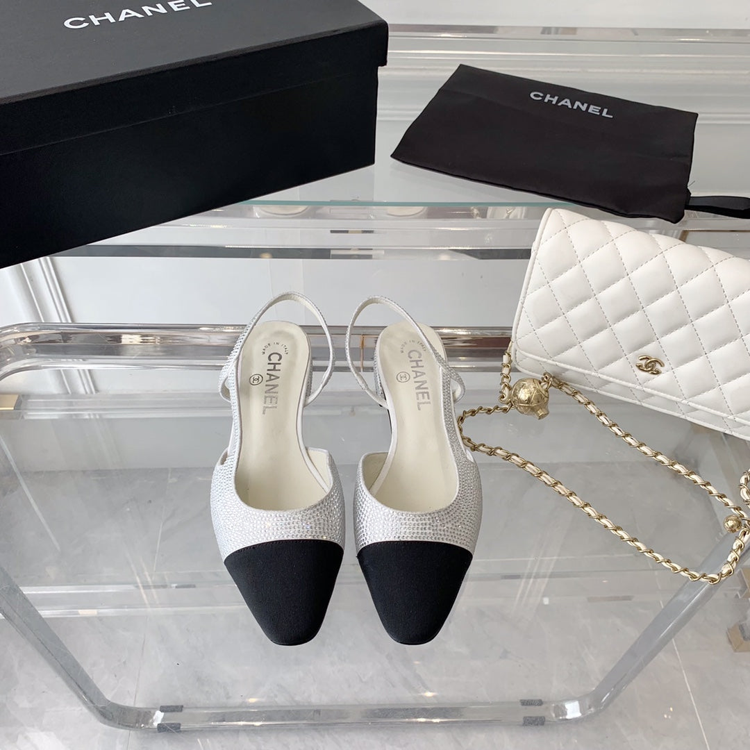 CHANEL Double  Rhinestone Slingback Sheepskin White Black