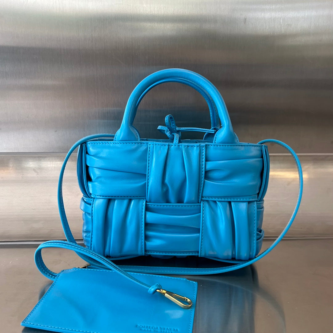BOTTEGA VENETA CANDY ARCO TOTE 20 IN CERULEAN BLUE SOFT LAMBSKIN