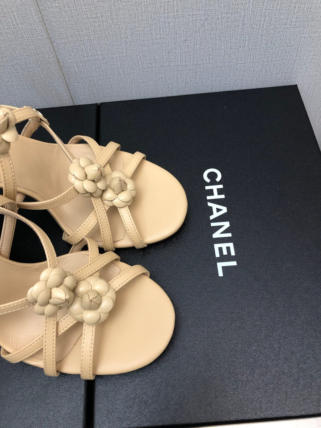 CHANEL FLORAL HIGH HEEL SANDAL IN SAND YELLOW LAMBSKIN