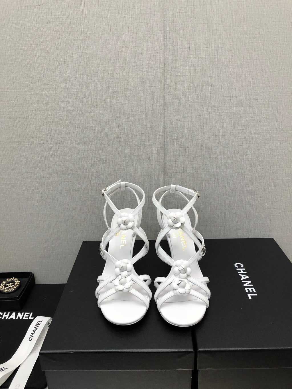 CHANEL FLORAL HIGH HEEL SANDAL IN WHITE LAMBSKIN