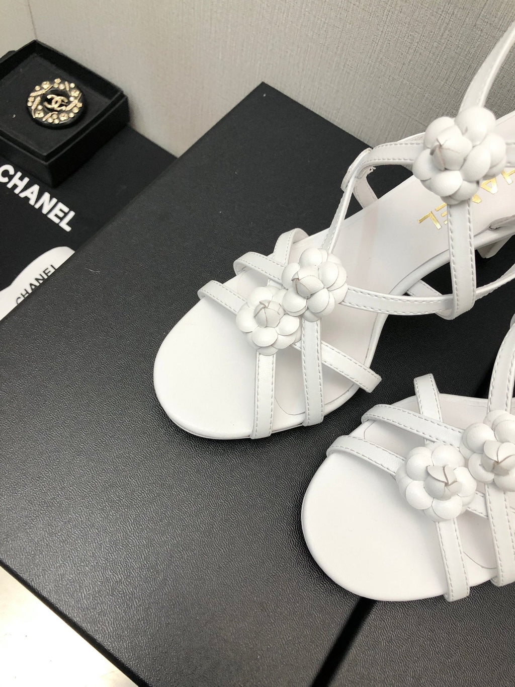 CHANEL FLORAL HIGH HEEL SANDAL IN WHITE LAMBSKIN