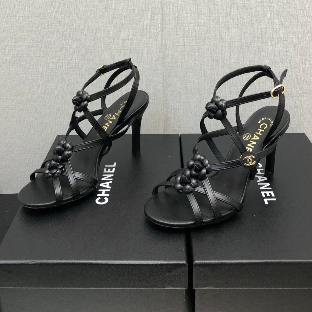 CHANEL FLORAL HIGH HEEL SANDAL IN BLACK LAMBSKIN