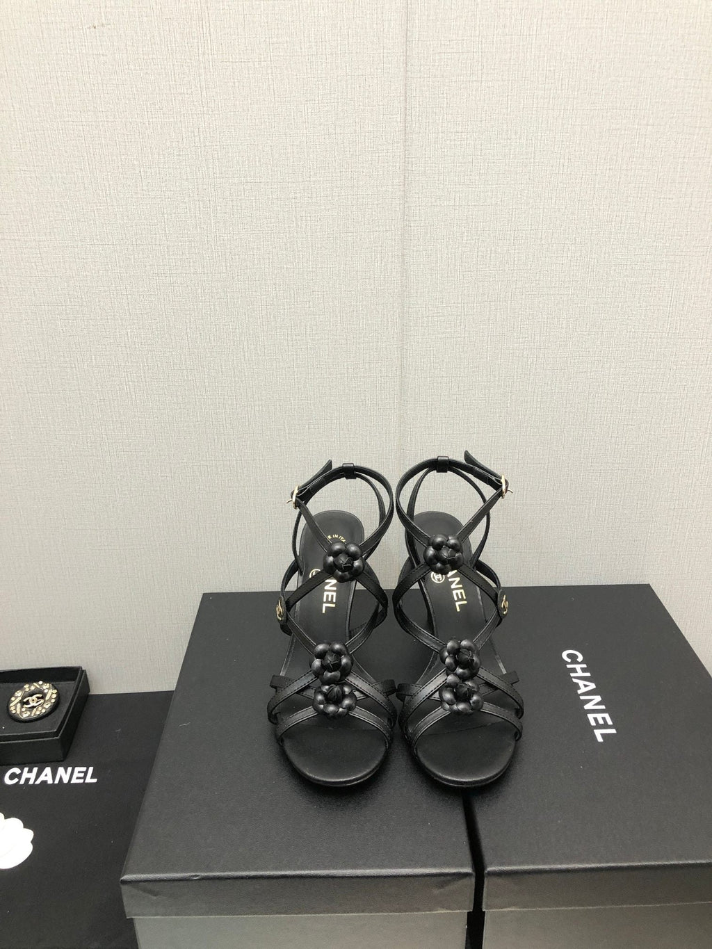 CHANEL FLORAL HIGH HEEL SANDAL IN BLACK LAMBSKIN