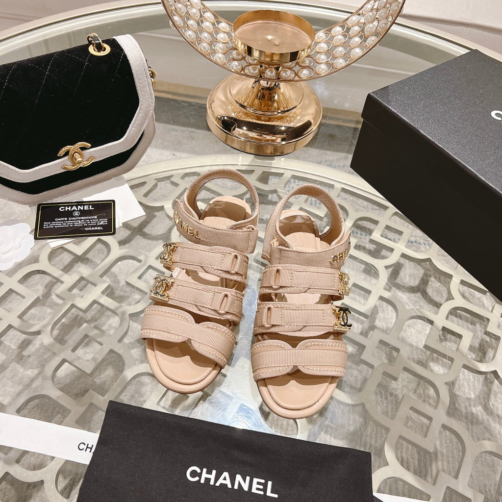 CHANEL Double C  Xiaoxiang Chain Fabric Head Chunky Sandal Cream Lambskin