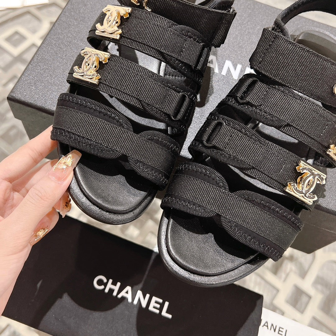 CHANEL Double C  Xiaoxiang Chain Fabric Head Chunky Sandal Black Lambskin