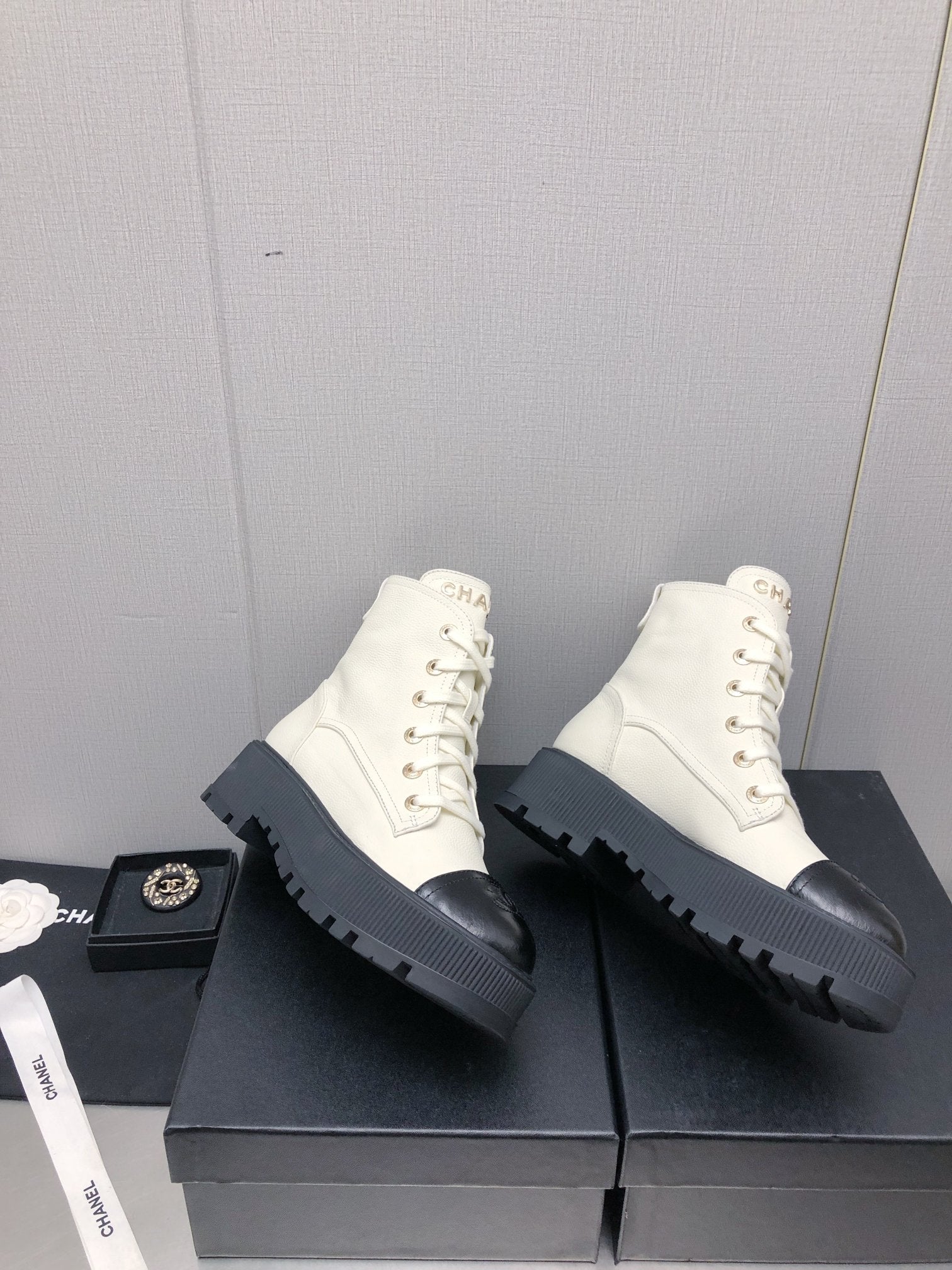 CHANEL MARTIN SHORT BOOTS WHITE MIX BLACK LAMBSKIN