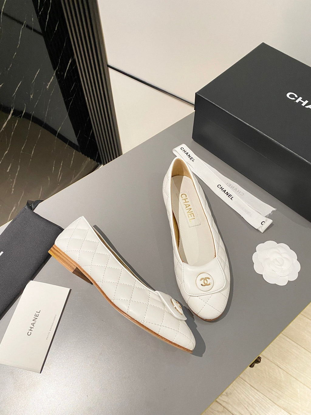 CHANEL BALLET FLAT WHITE LAMBSKIN