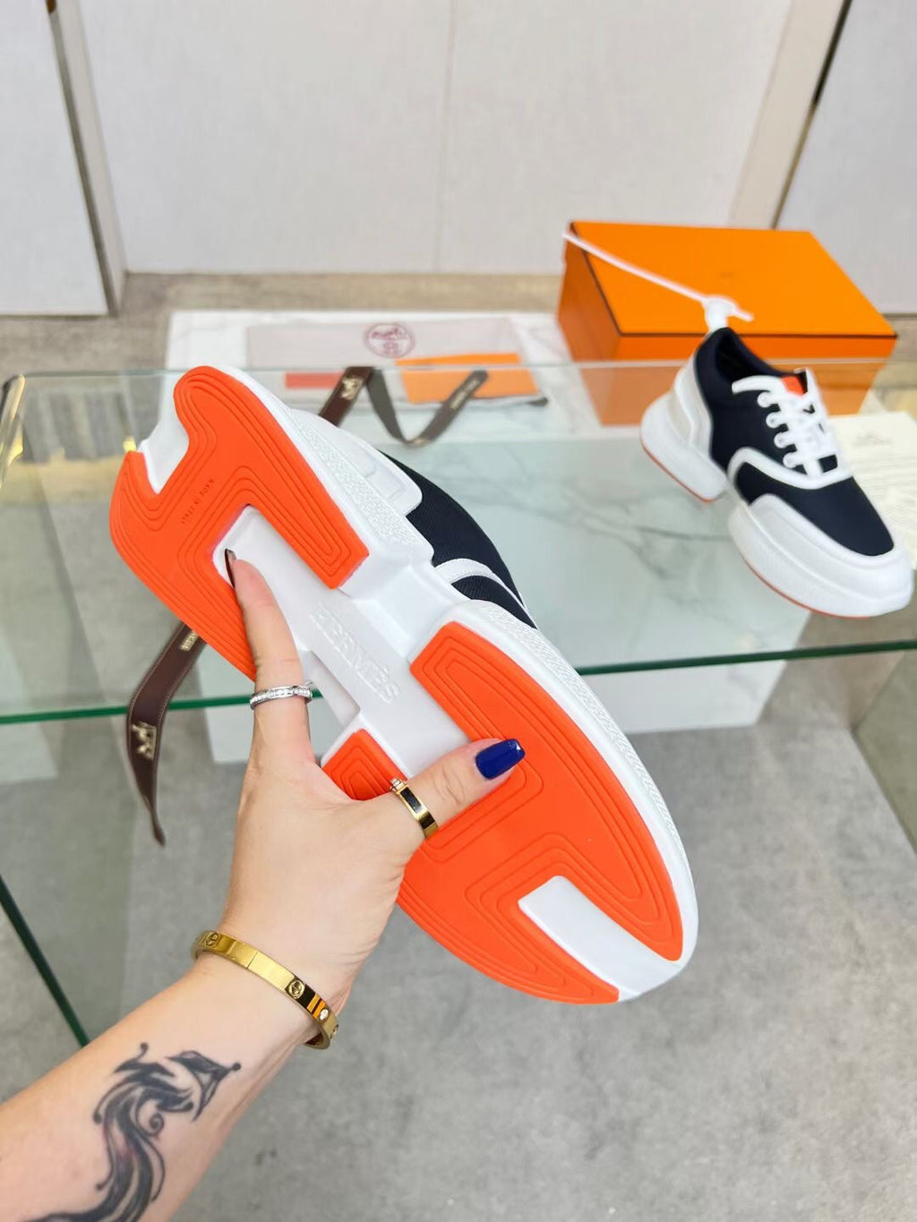 HERMES GIGA SNEAKER CHARCOAL BLUE CALFSKIN