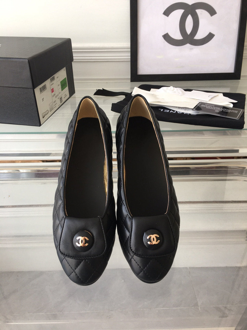 CHANEL ballet flat black quilted gold  lock