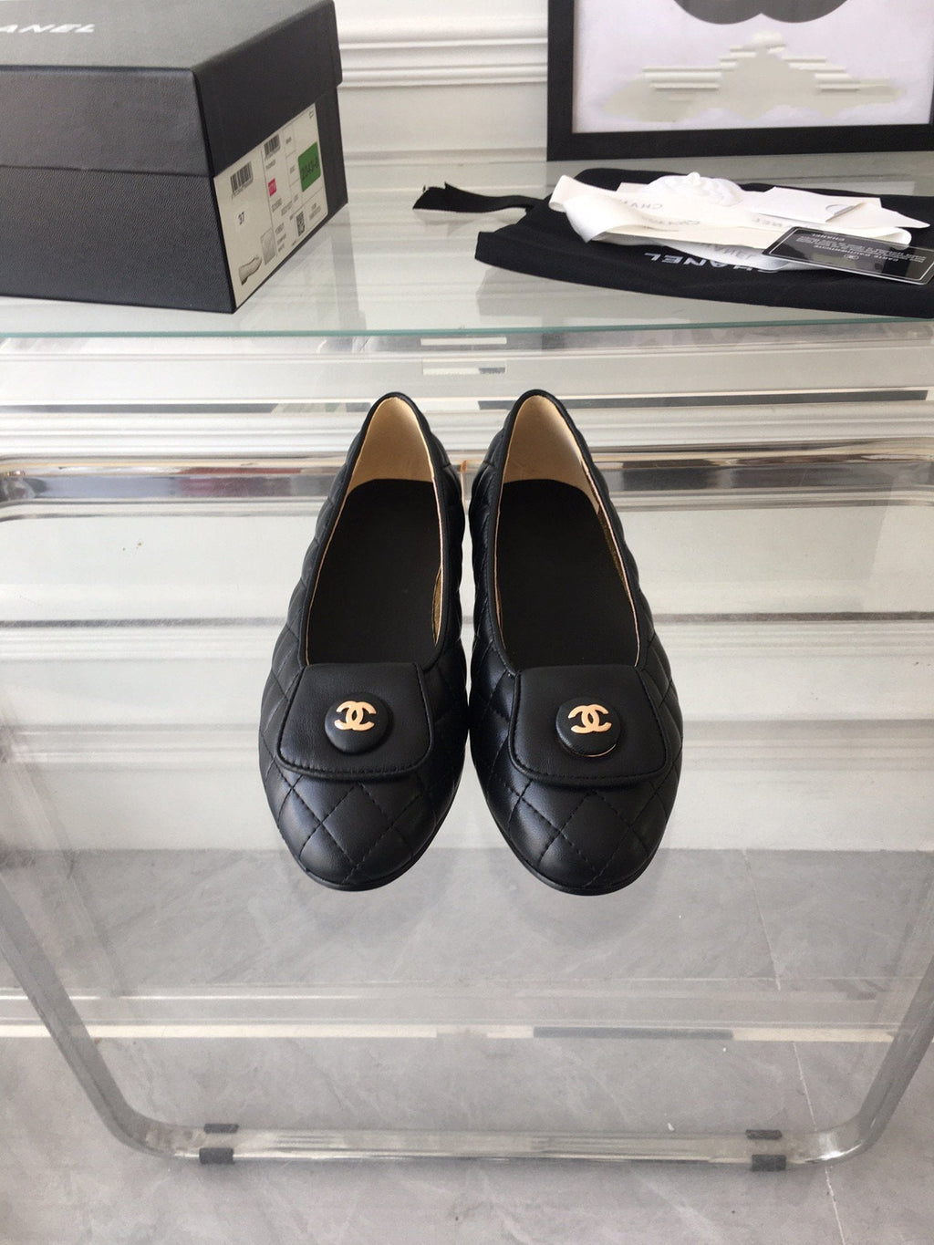 CHANEL ballet flat black quilted gold  lock