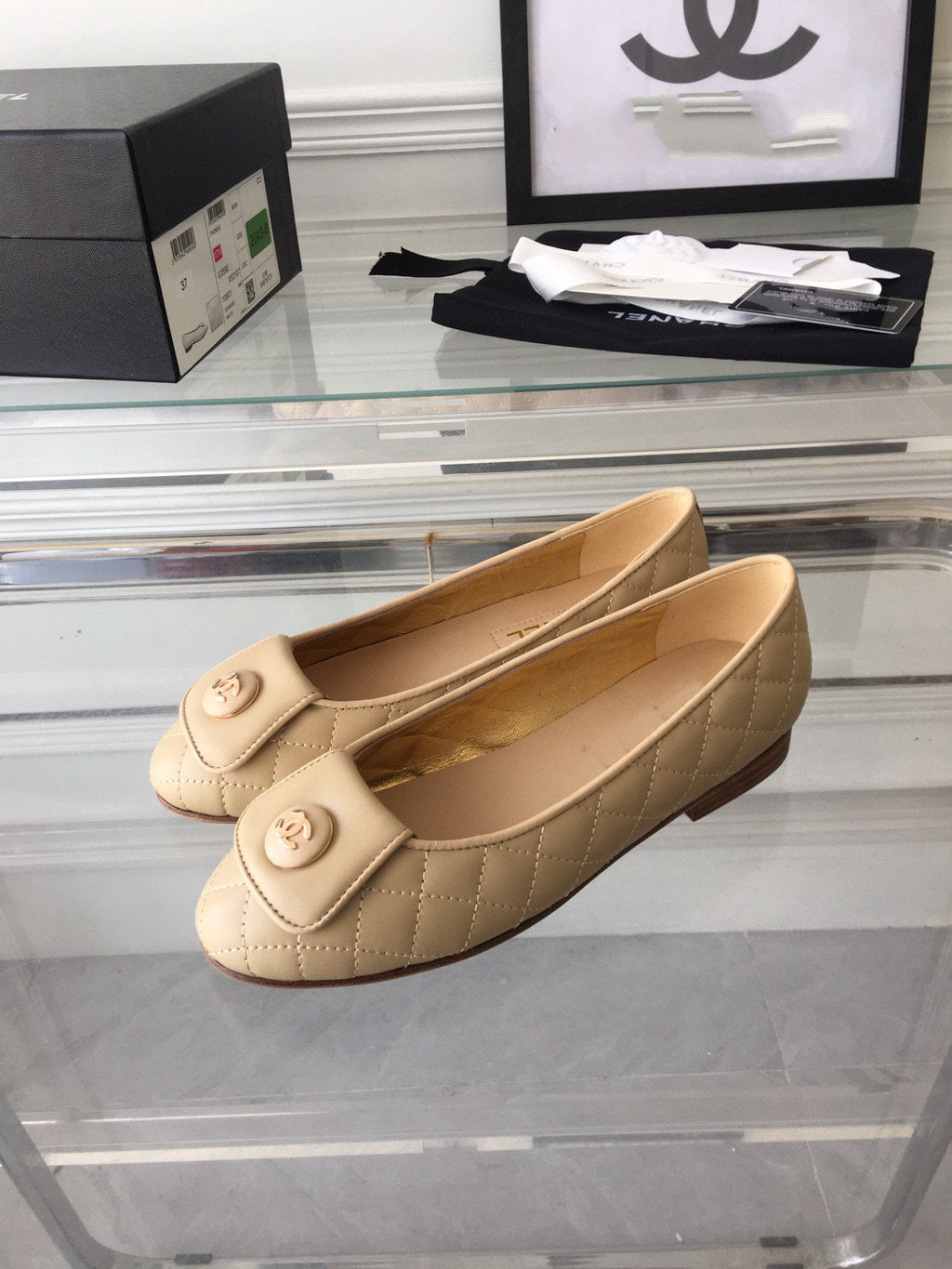CHANEL ballet flat quilted beige gold  lock