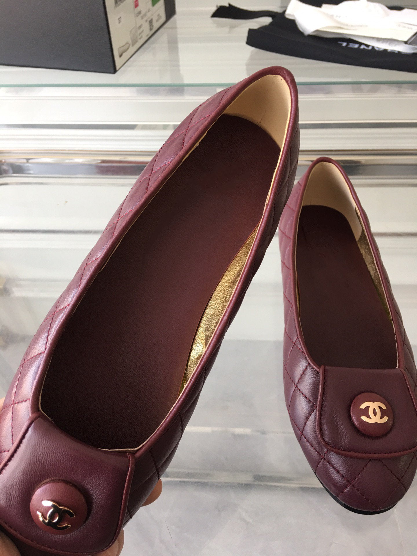 CHANEL ballet flat quilted wine gold  lock