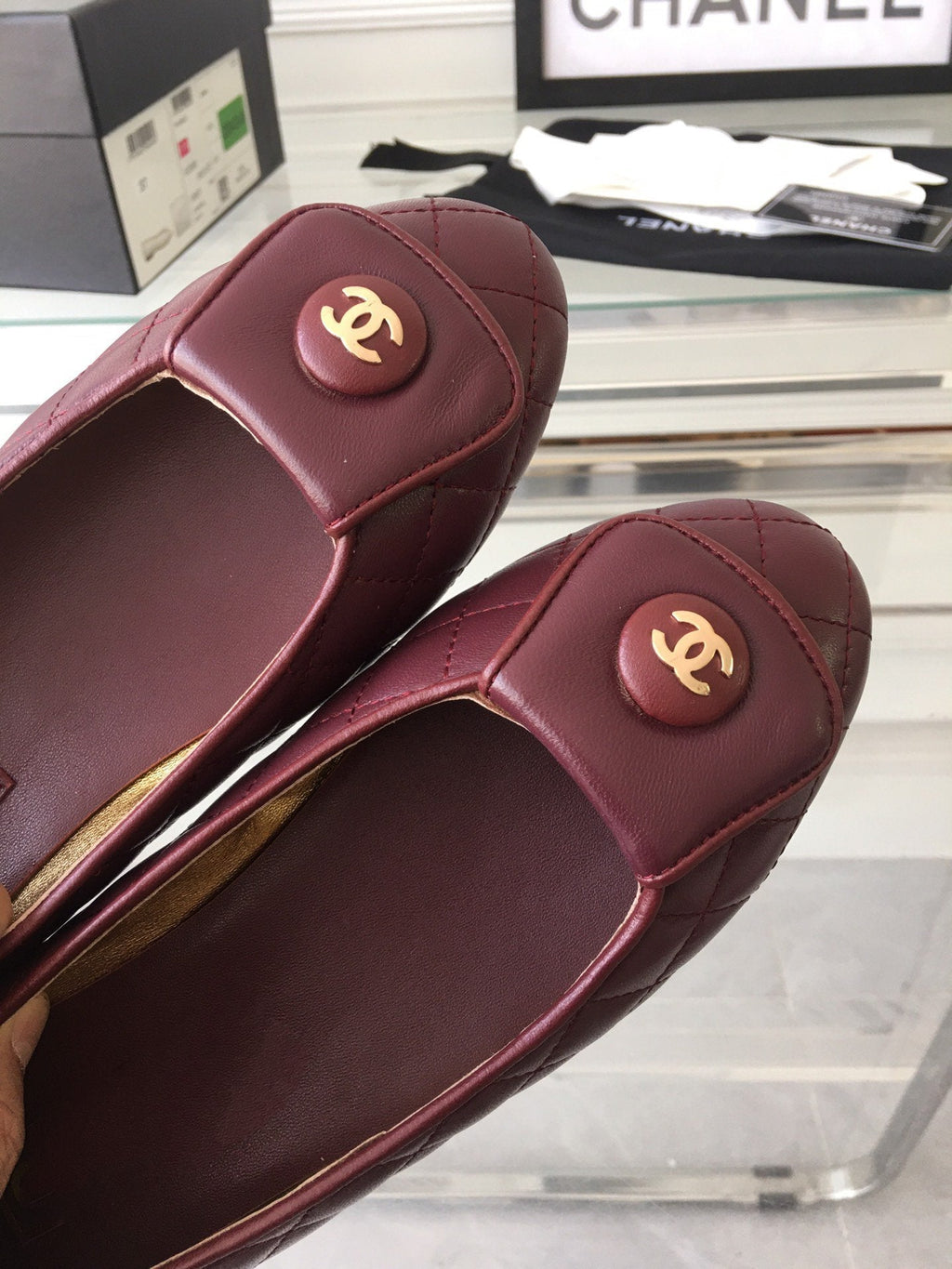 CHANEL ballet flat quilted wine gold  lock