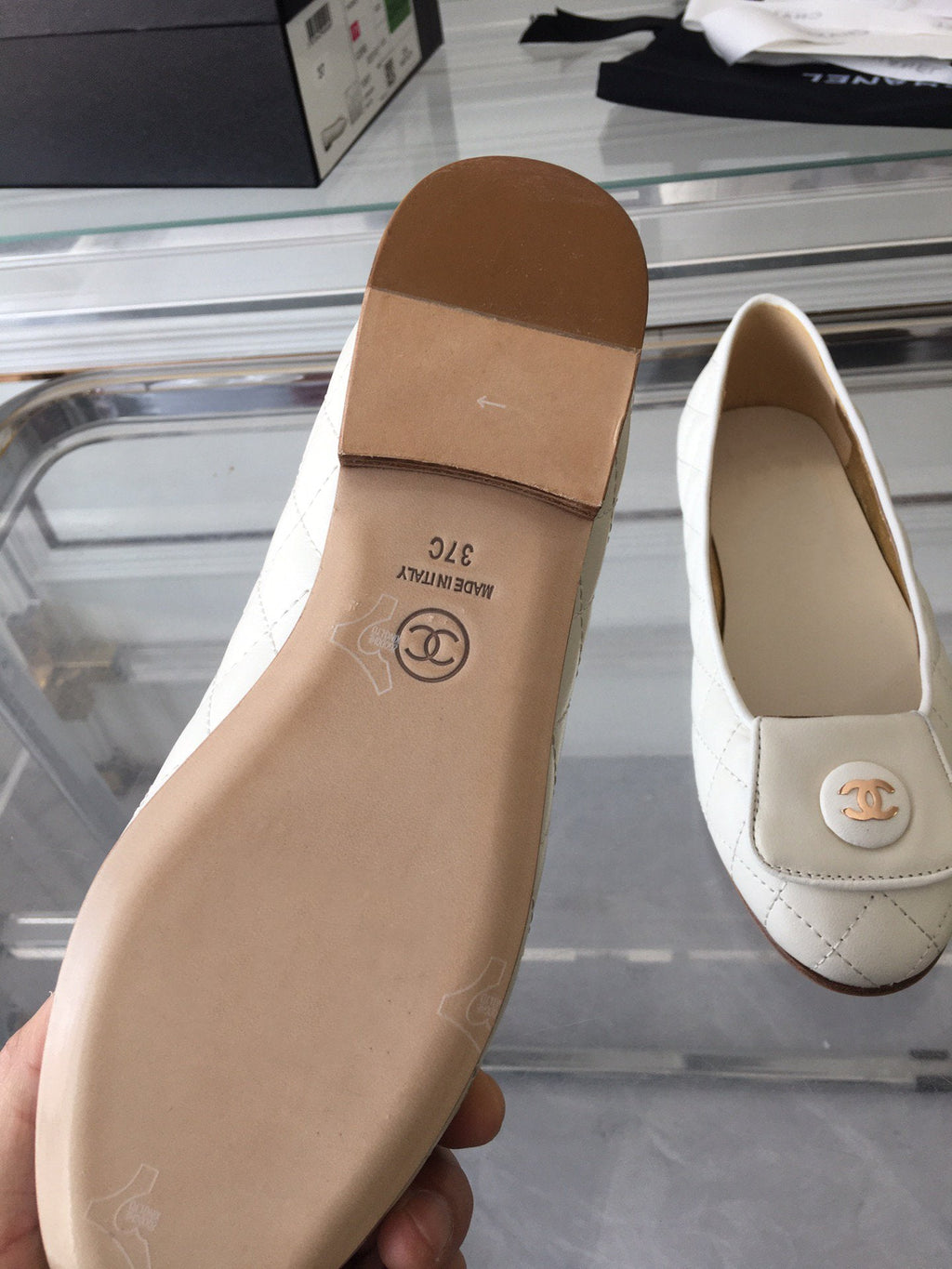 CHANEL ballet flat quilted white gold  lock