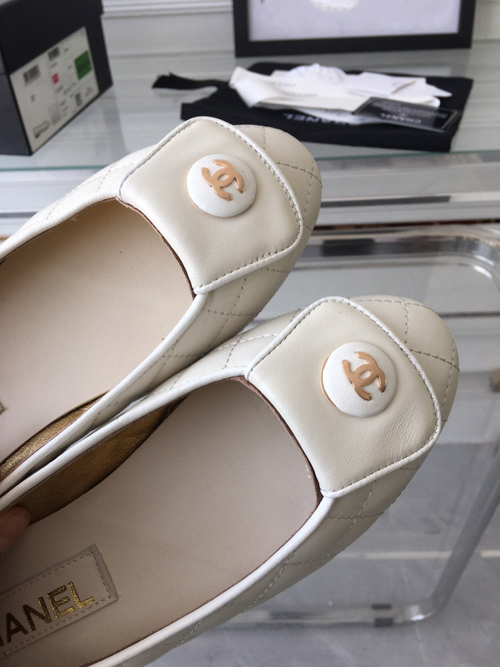 CHANEL ballet flat quilted white gold  lock