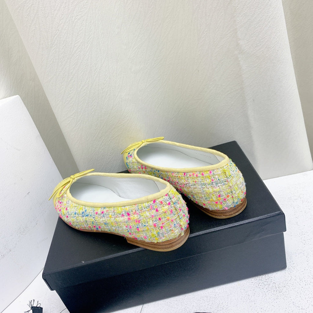 CHANEL ballet flat yellow red blue tweed grosgrain