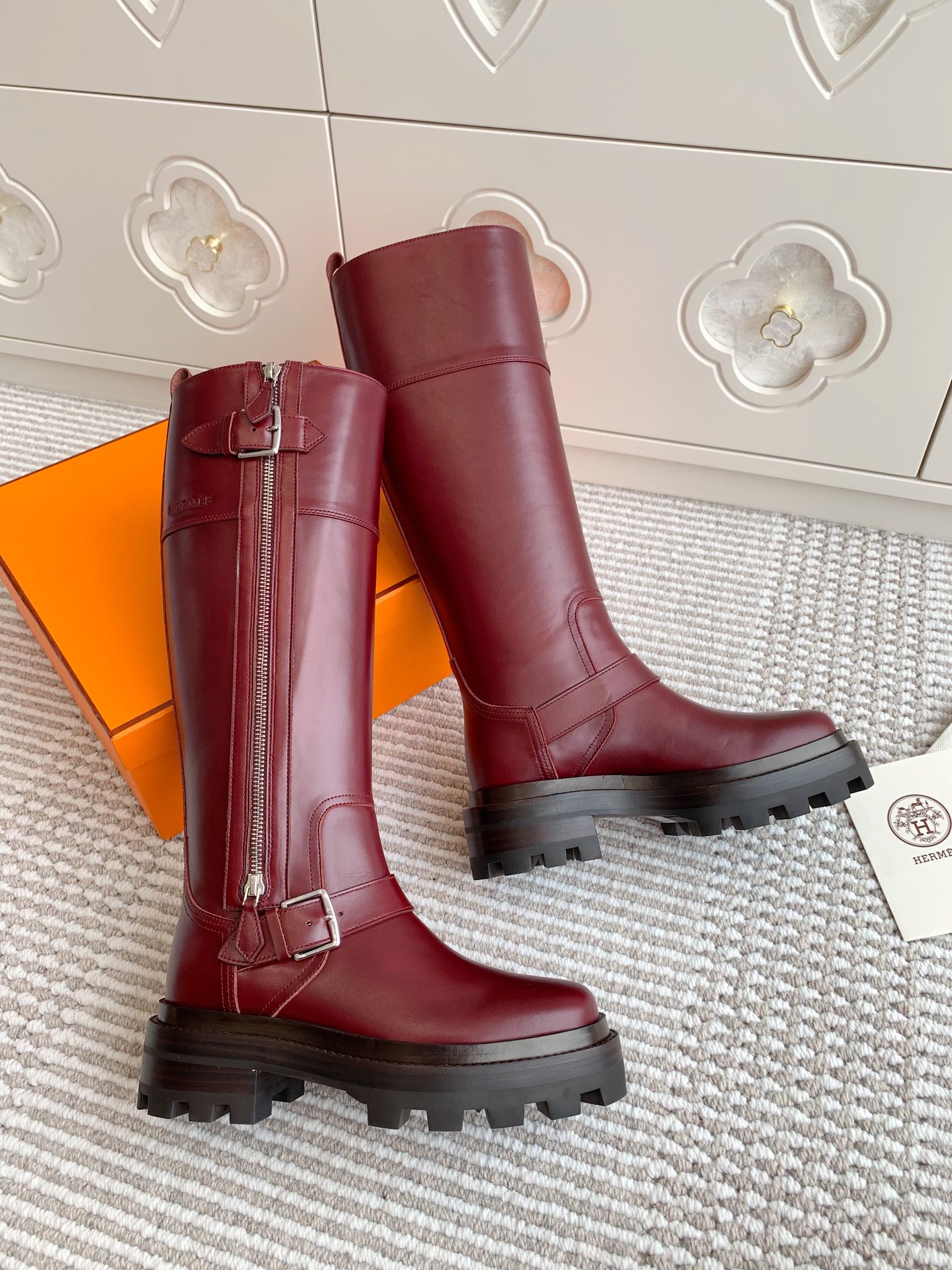 HERMES JAIME BOOT IN BURGUNDY RED CALFSKIN