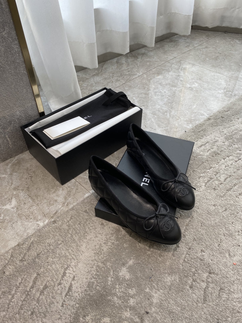CHANEL BALLET FLATS ALL BLACK QUILTED LAMBSKIN