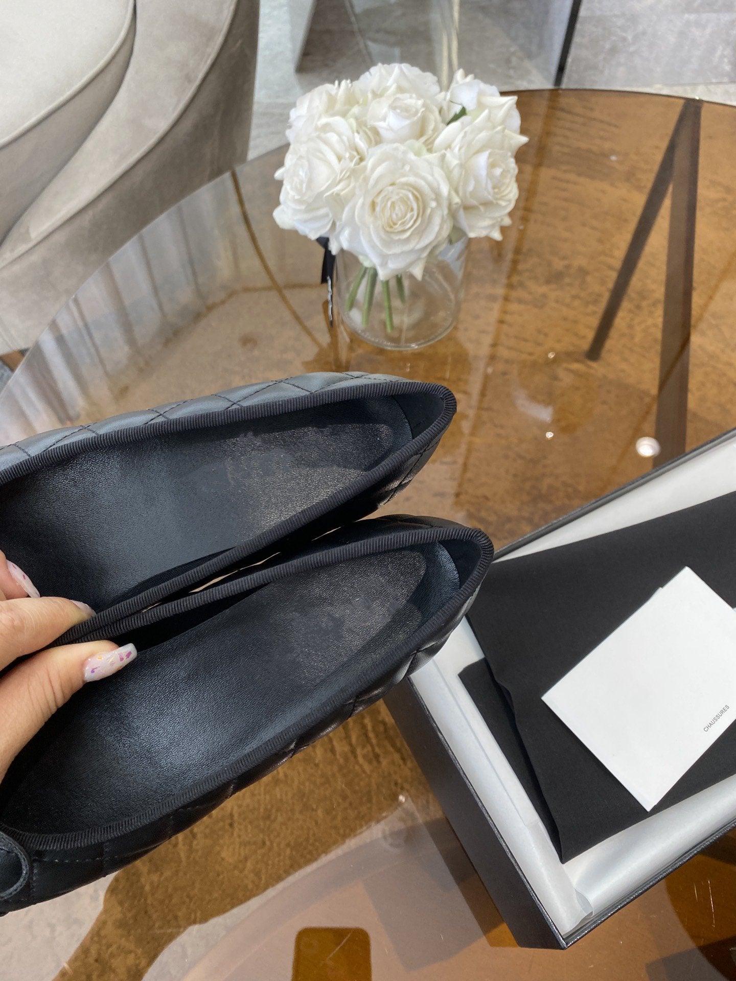 CHANEL BALLET FLATS ALL BLACK QUILTED LAMBSKIN