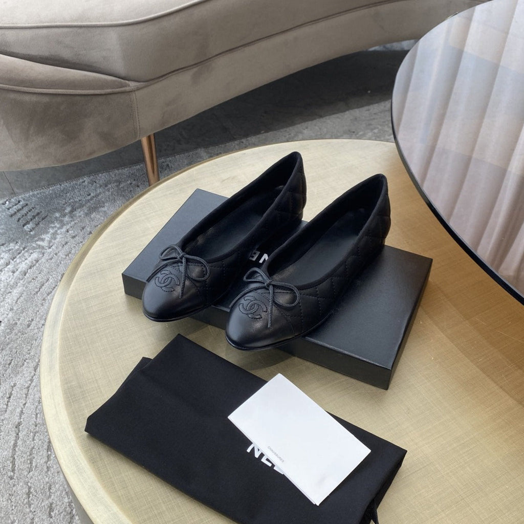 CHANEL BALLET FLATS ALL BLACK QUILTED LAMBSKIN