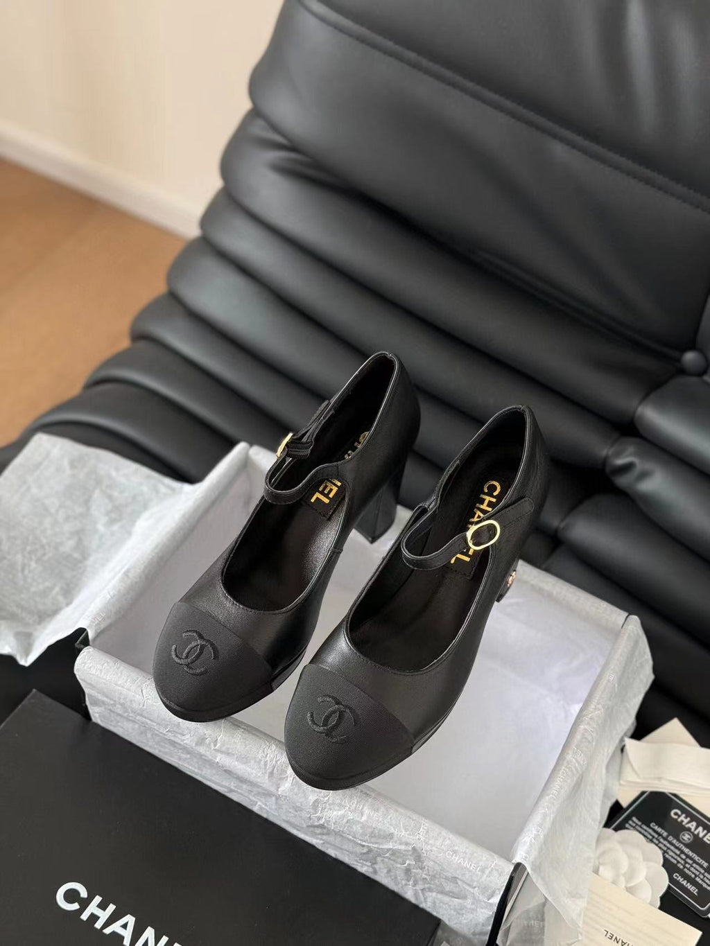 CHANEL MARY JANE HIGH HEEL 9.5 BLACK CALFSKIN