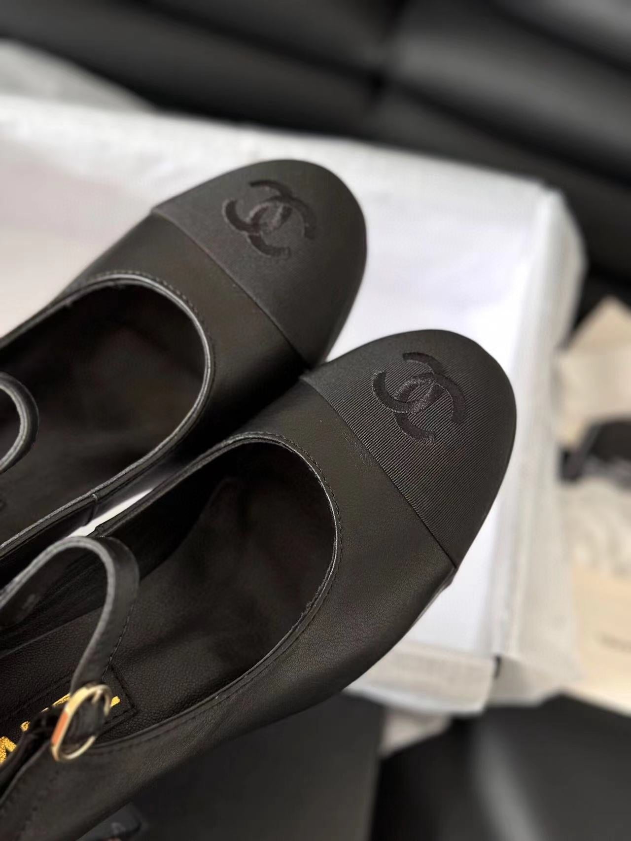 CHANEL MARY JANE HIGH HEEL 9.5 BLACK CALFSKIN