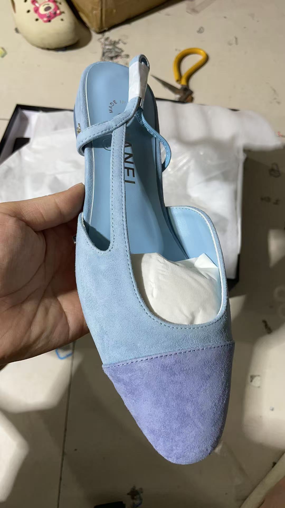 CHANEL SLINGBACK IN BABY BLUE SUEDE