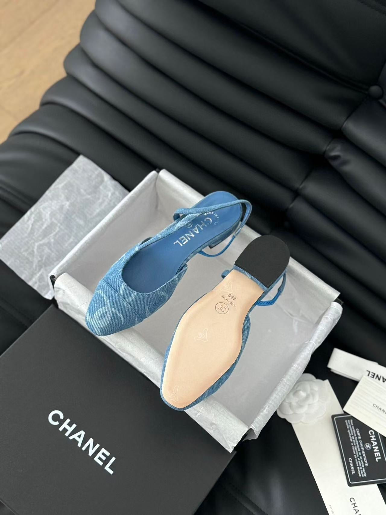 CHANEL FLAT SLINGBACK IN LIGHT BLUE DENIM