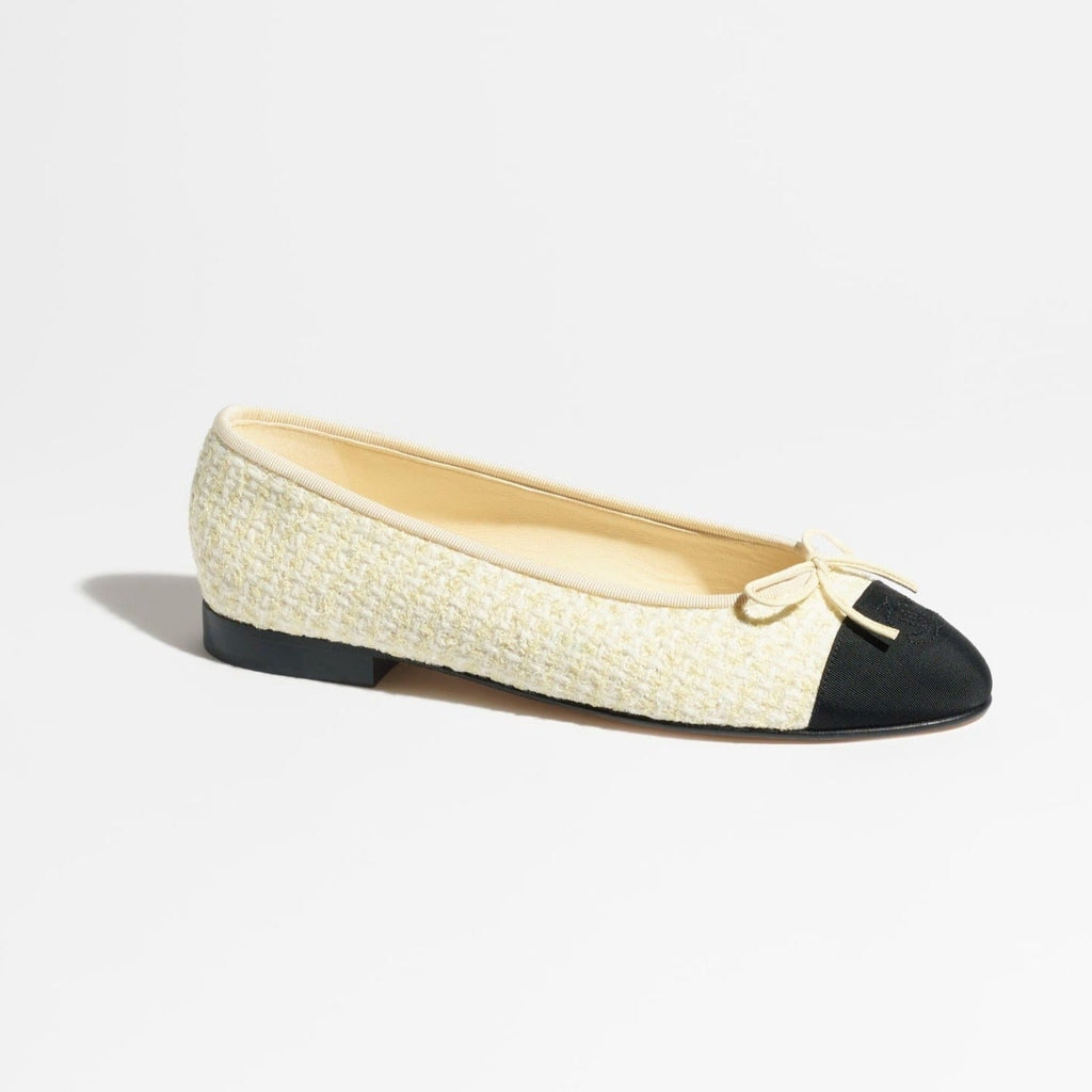 CHANEL BALLET FLATS LIGHT YELLOW BLACK TWEED