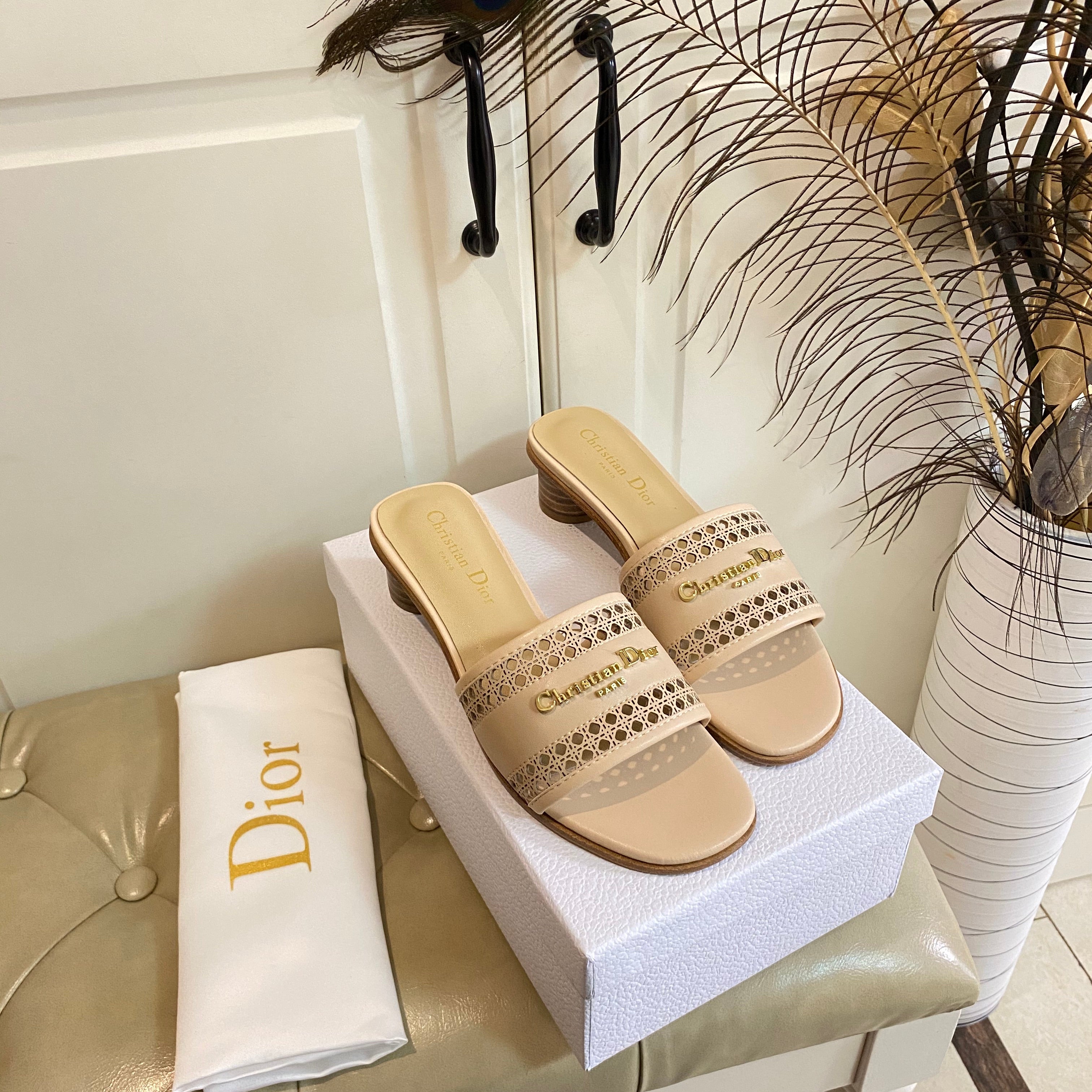 DIOR DWAY HEELED SLIDE IN CAMEL BEIGE CALFSKIN WITH GOLD LOGO